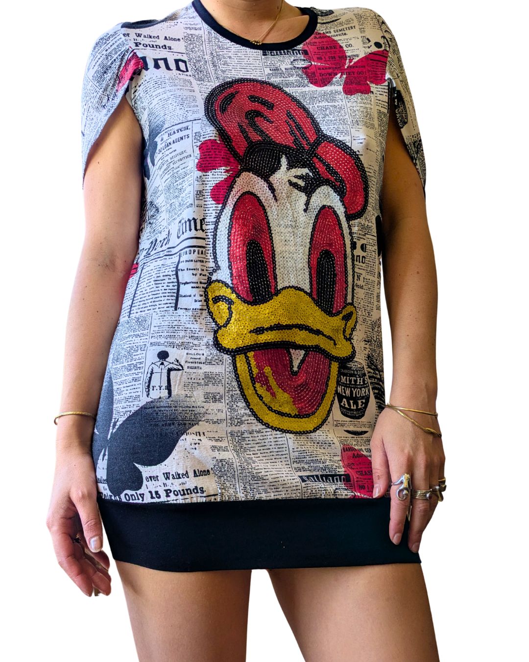 John Galliano Circa 2009 Gazette Print & Donald Duck Sequin Mini Dress