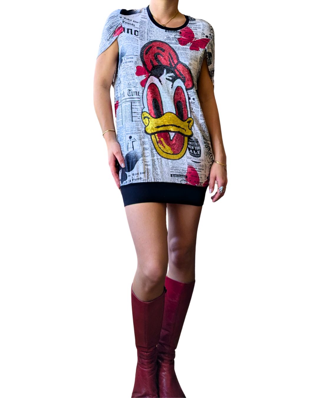 John Galliano Circa 2009 Gazette Print & Donald Duck Sequin Mini Dress