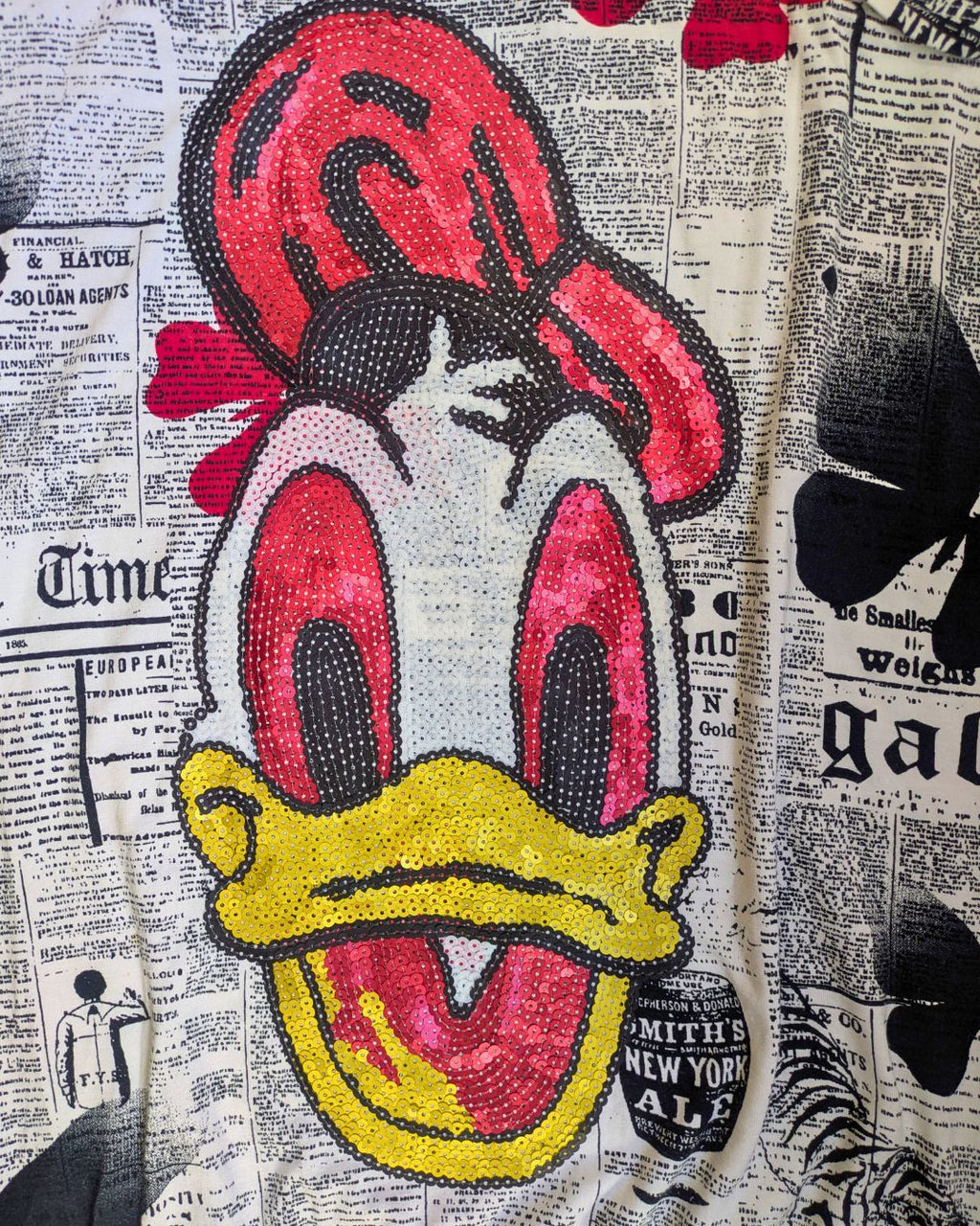 John Galliano Circa 2009 Gazette Print & Donald Duck Sequin Mini Dress