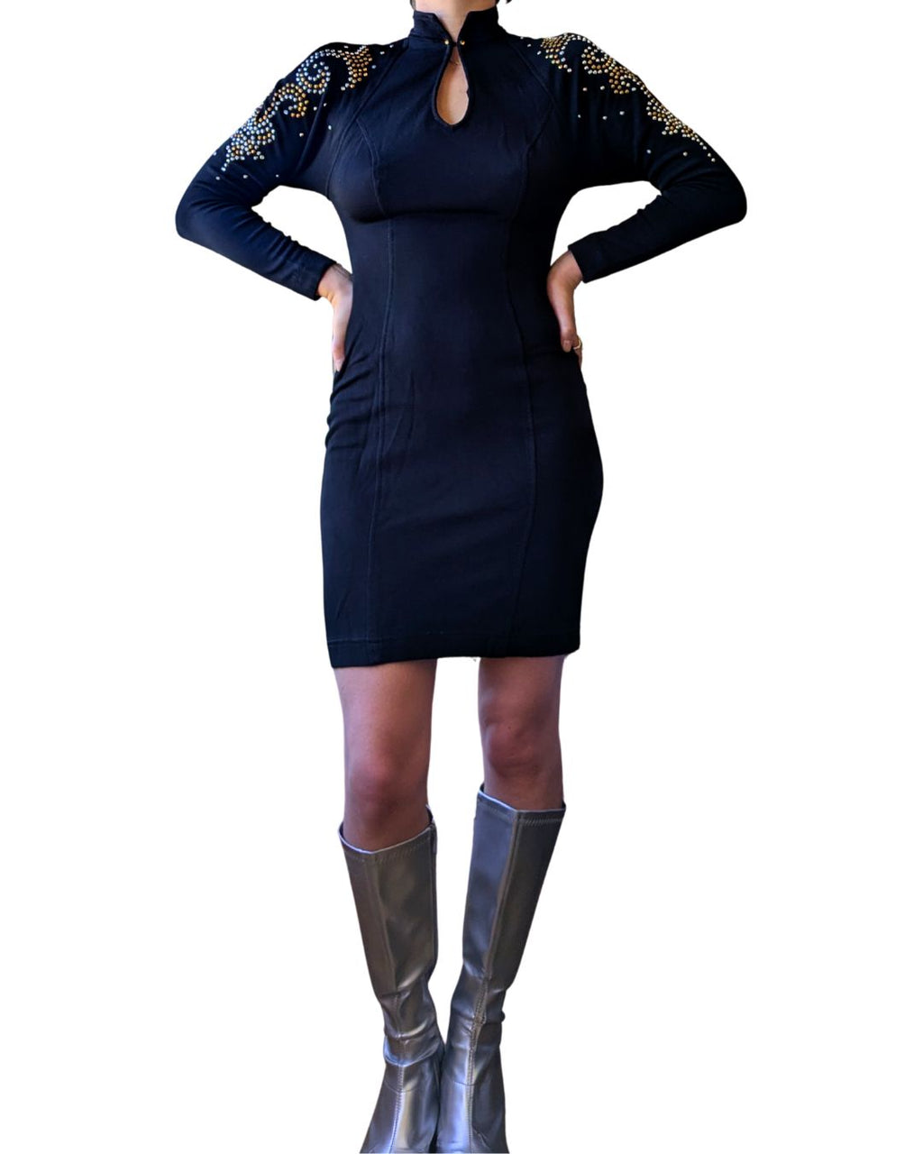 Lillie Rubin 1980s Studded Mock-Neck Cocktail Dress — Made in USA