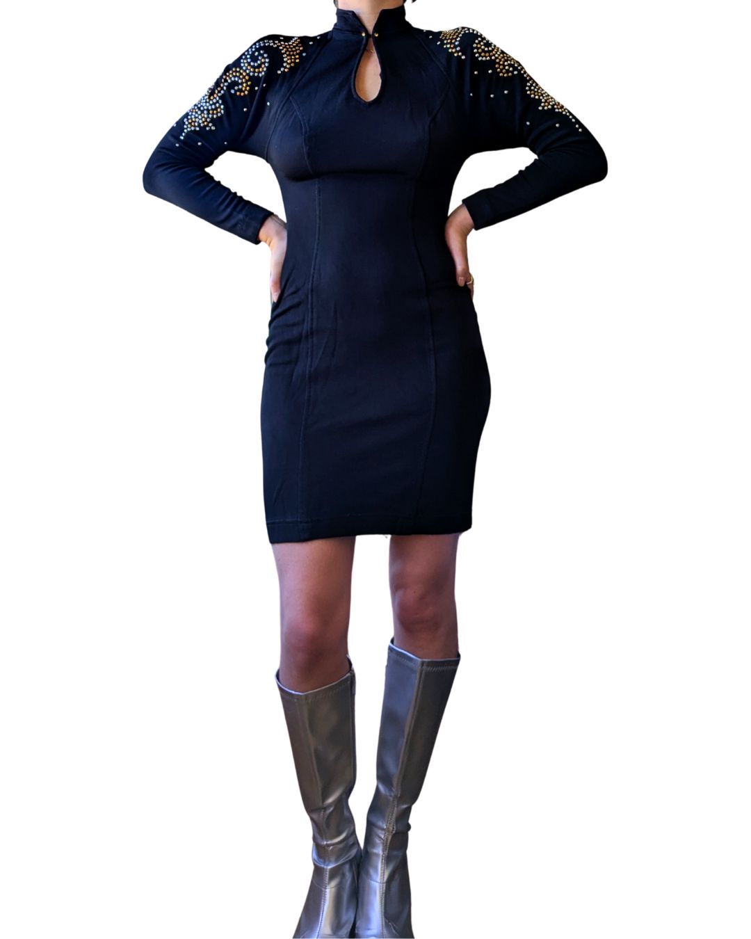 Lillie Rubin 1980s Studded Mock-Neck Cocktail Dress — Made in USA