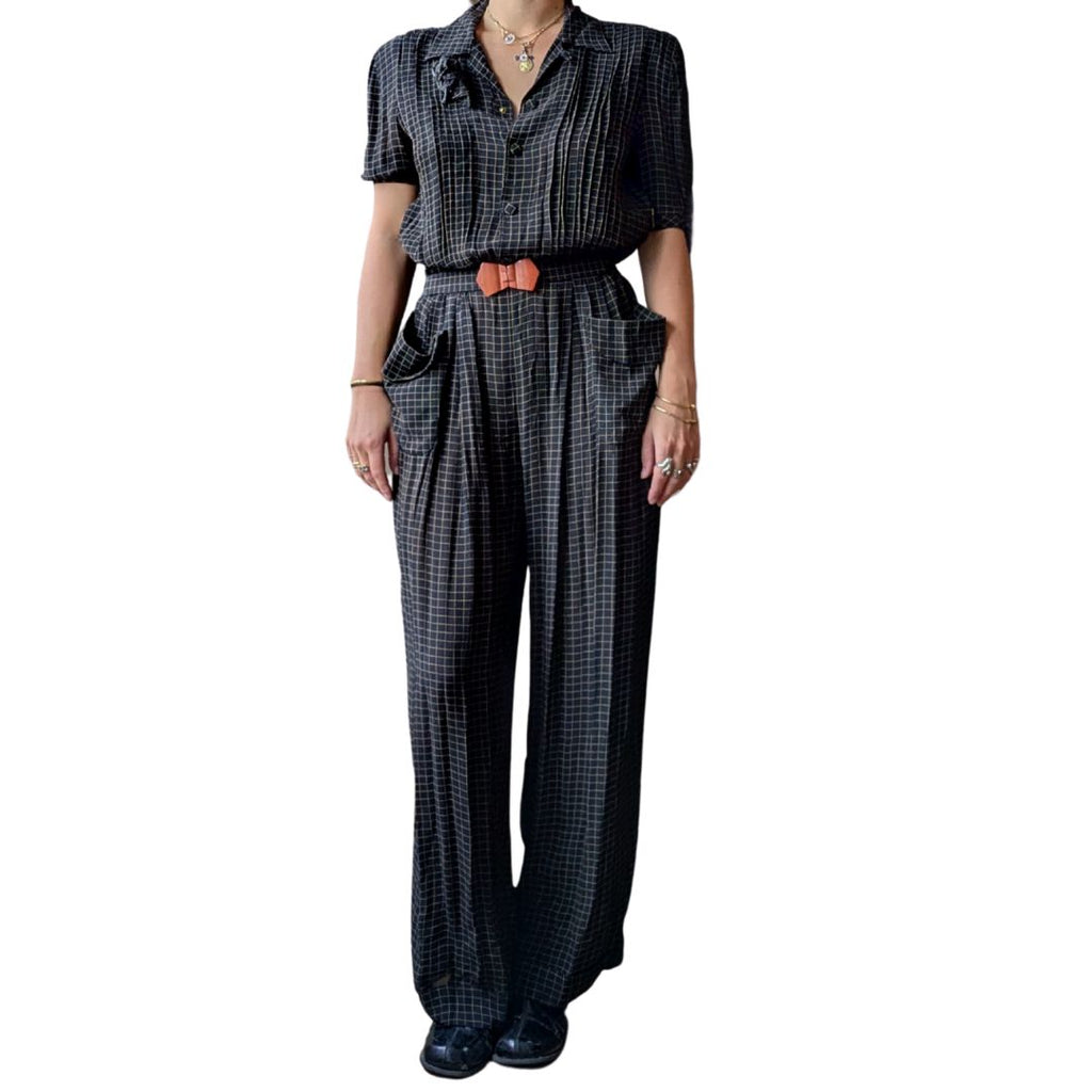 Jean Paul Gaultier 1990s Plaid Crepe Jumpsuit — Bakelite Buckle & Flower Brooch