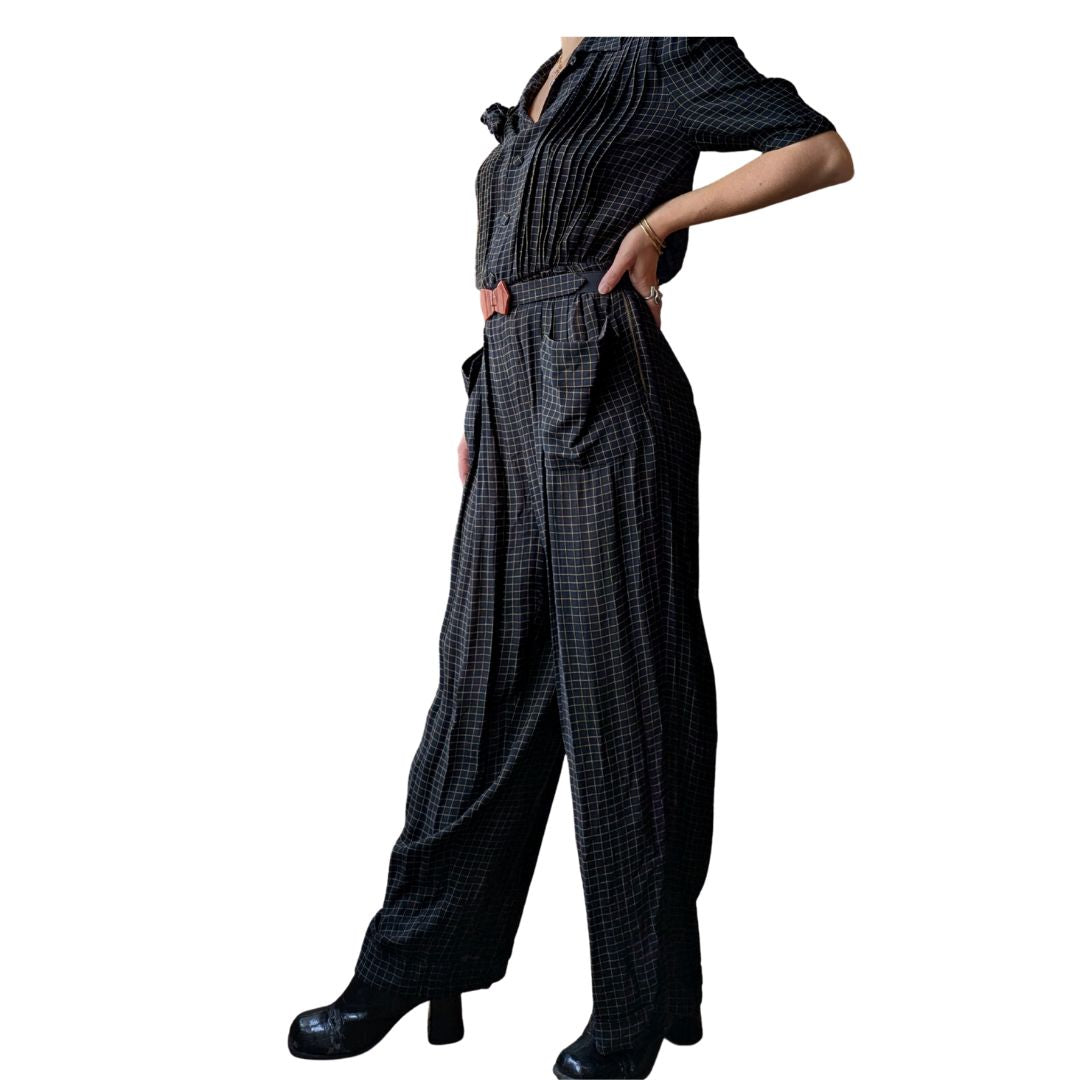 Jean Paul Gaultier 1990s Plaid Crepe Jumpsuit — Bakelite Buckle & Flower Brooch