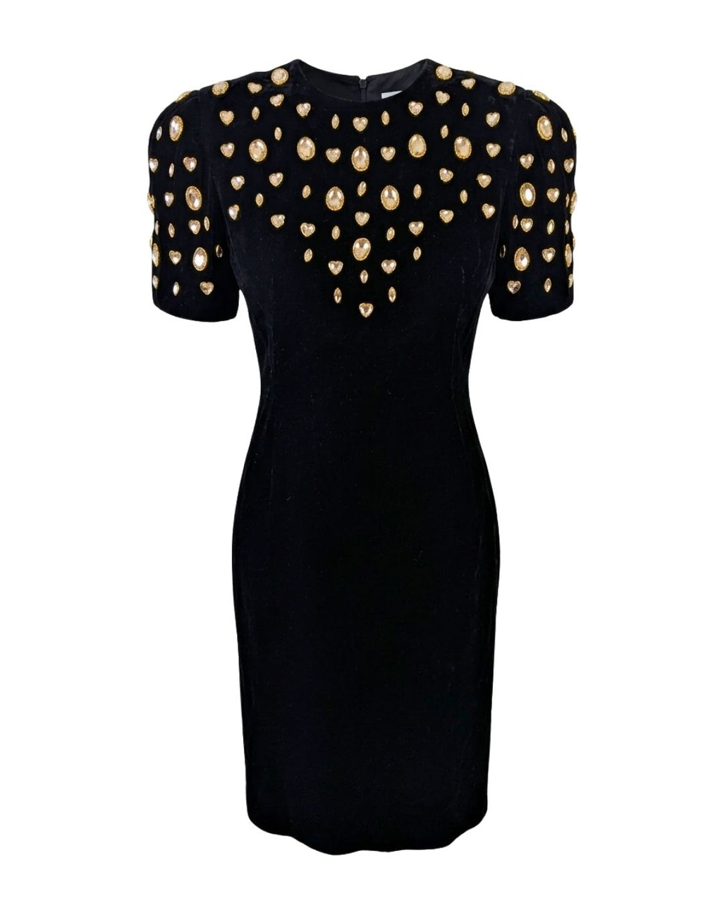 Lillie Rubin 1980s Black Velvet Cocktail Dress with Crystal Embellishments