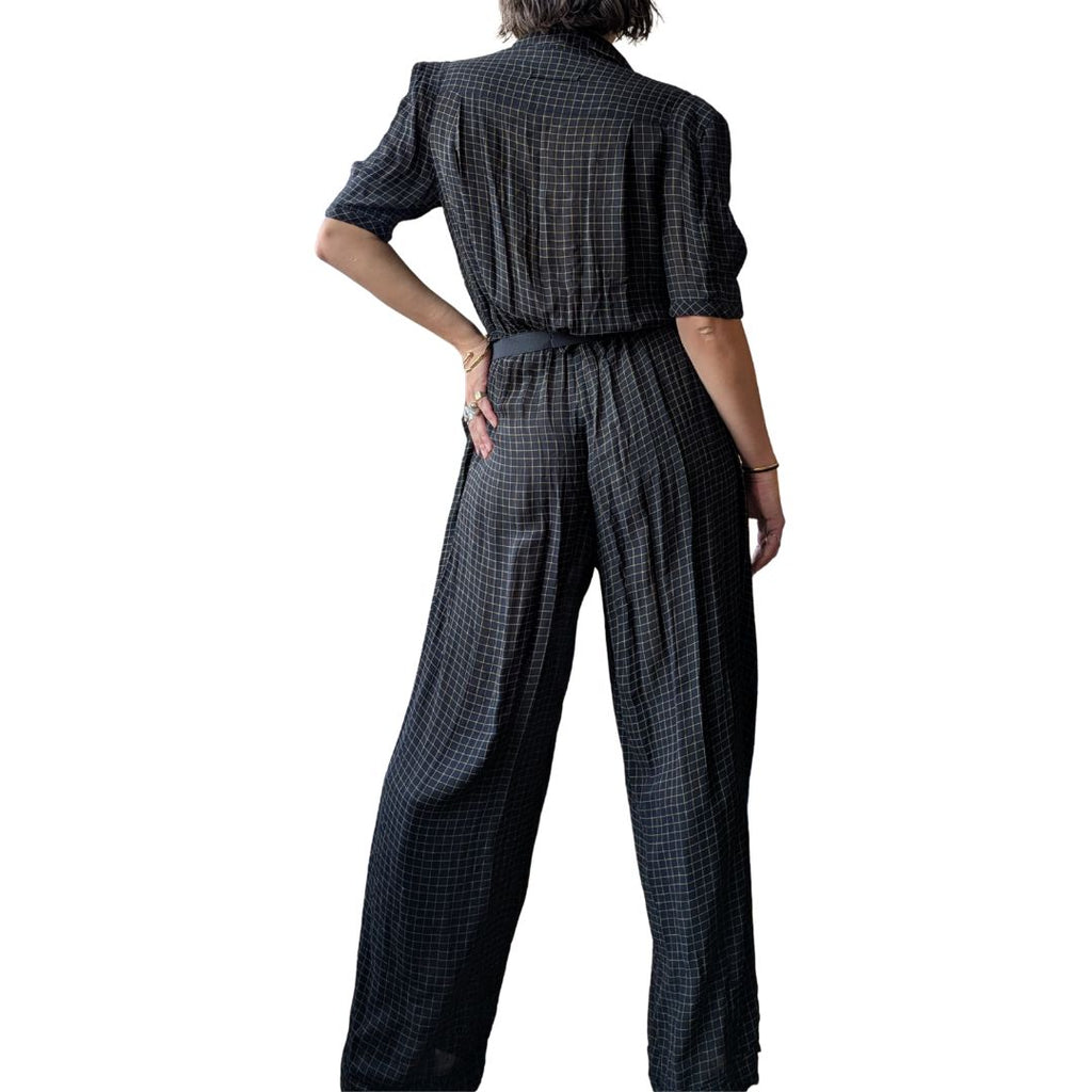 Jean Paul Gaultier 1990s Plaid Crepe Jumpsuit — Bakelite Buckle & Flower Brooch