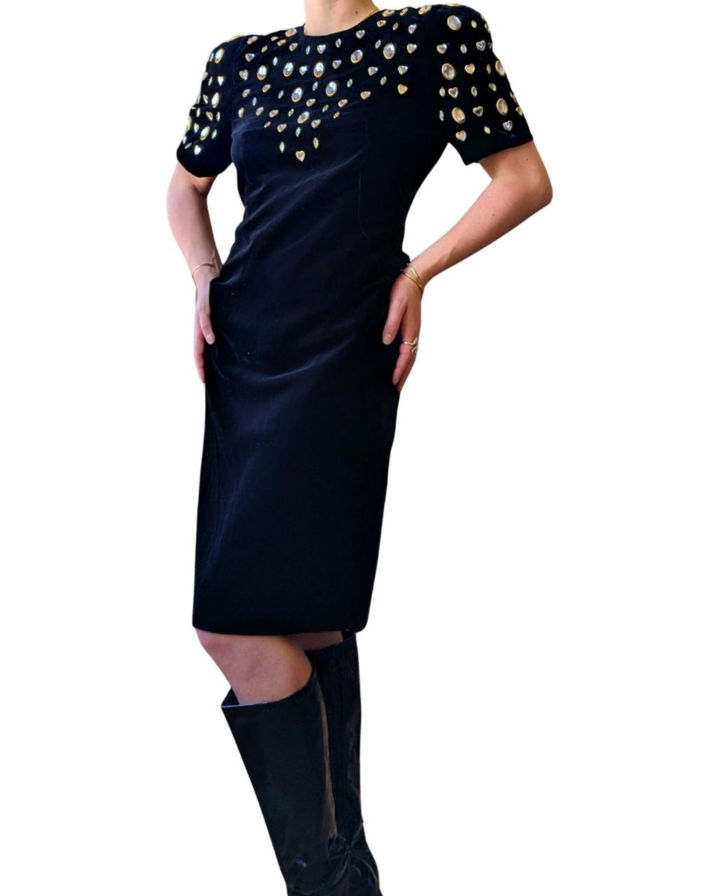 Lillie Rubin 1980s Black Velvet Cocktail Dress with Crystal Embellishments