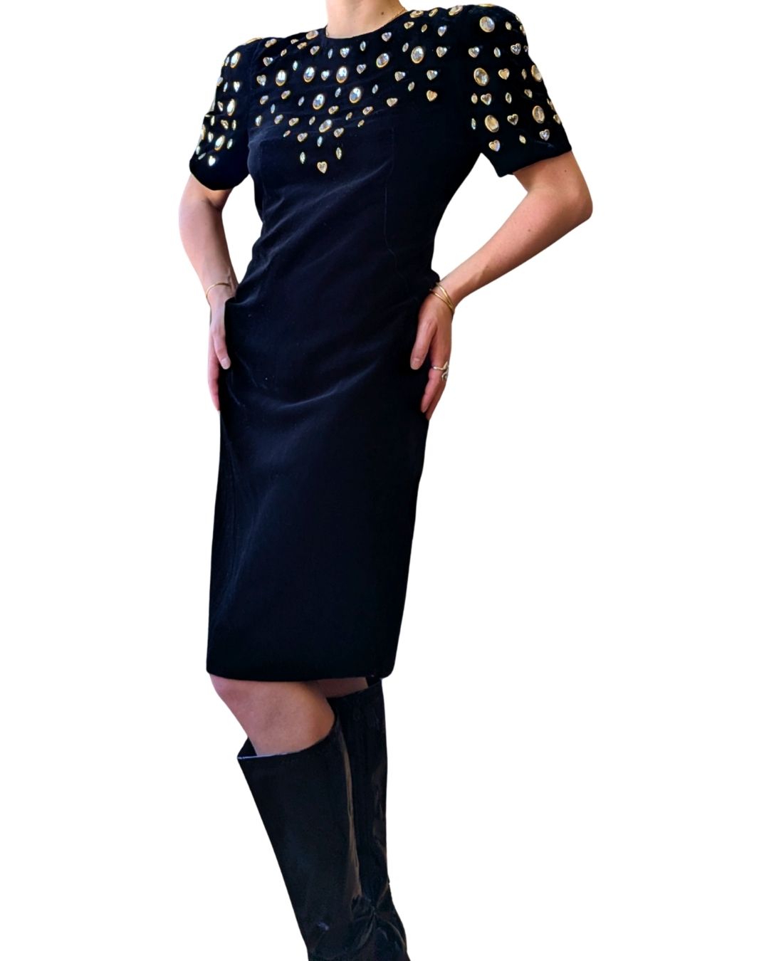 Lillie Rubin 1980s Black Velvet Cocktail Dress with Crystal Embellishments