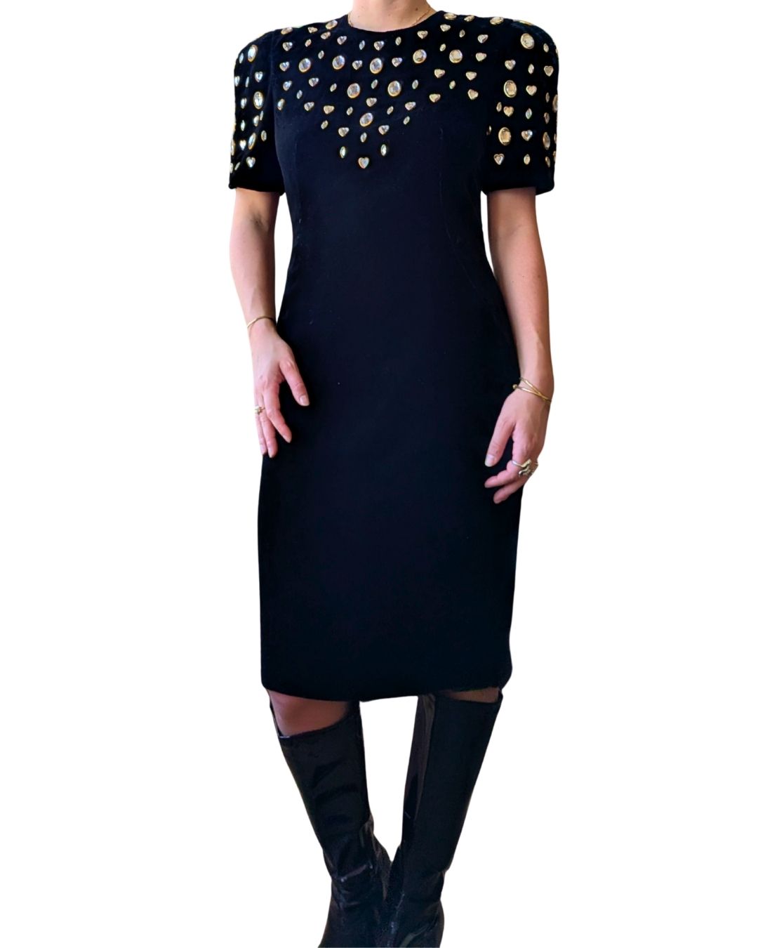 Lillie Rubin 1980s Black Velvet Cocktail Dress with Crystal Embellishments