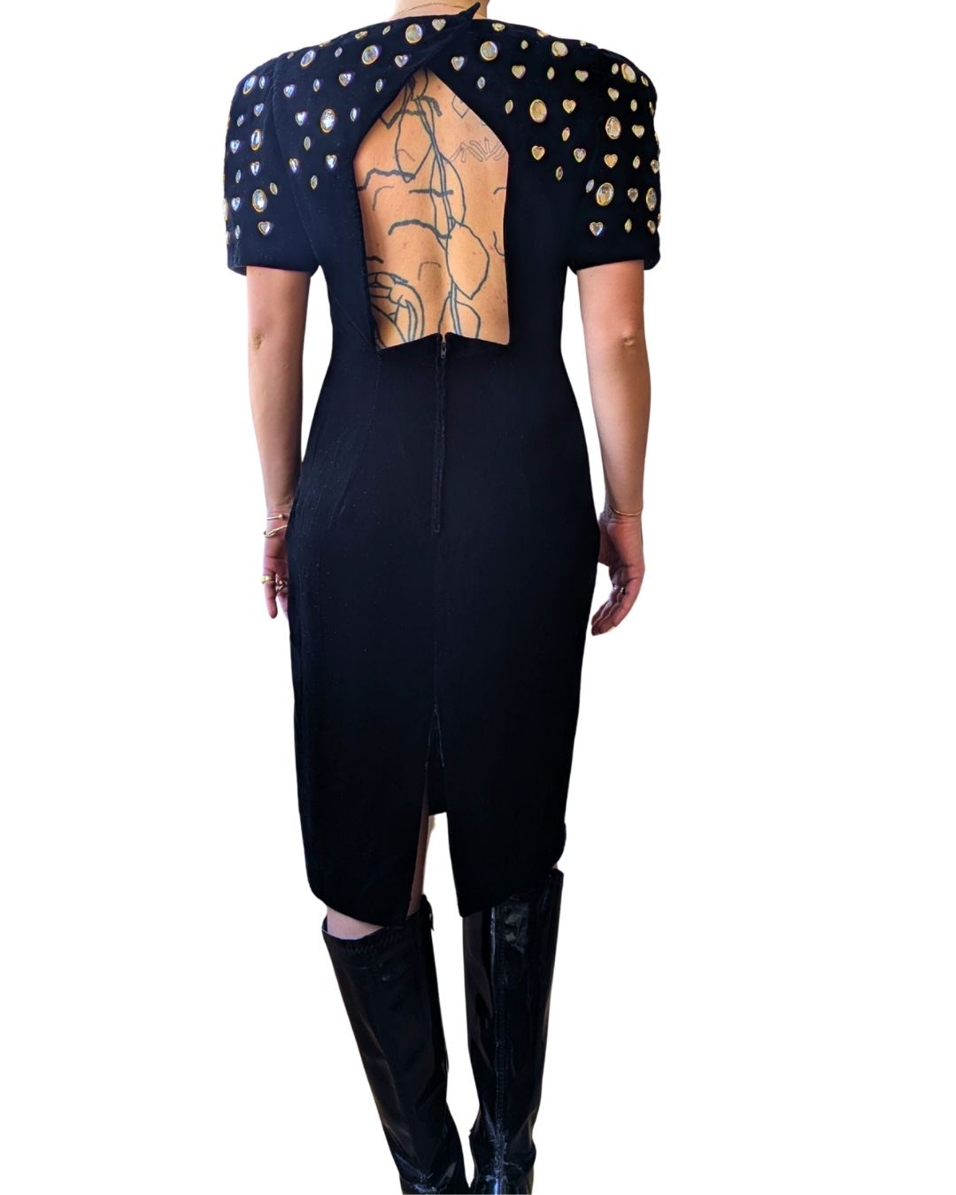 Lillie Rubin 1980s Black Velvet Cocktail Dress with Crystal Embellishments