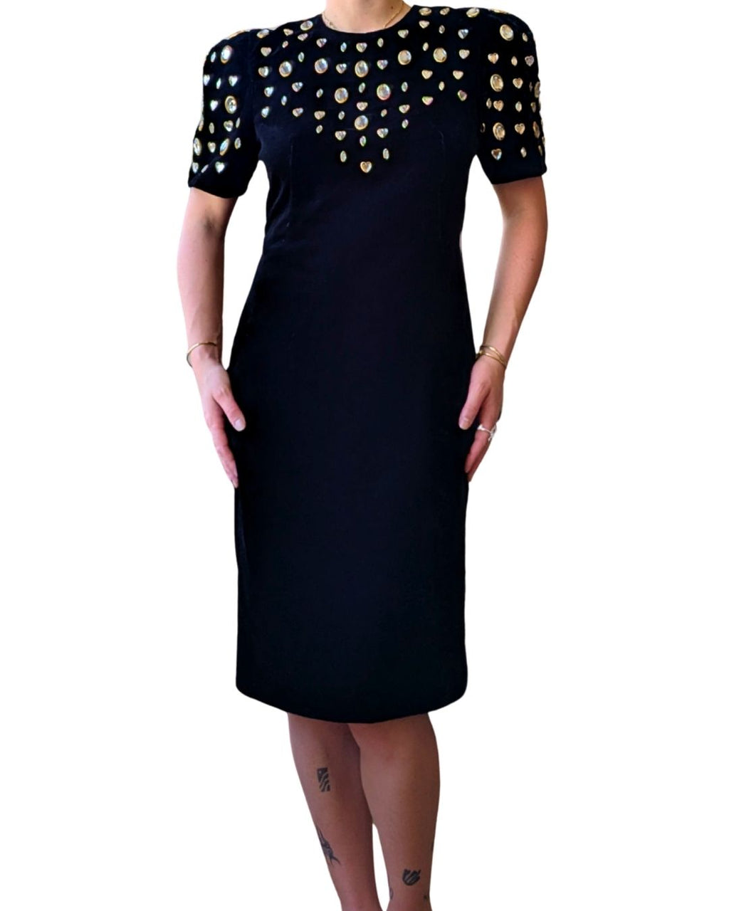 Lillie Rubin 1980s Black Velvet Cocktail Dress with Crystal Embellishments
