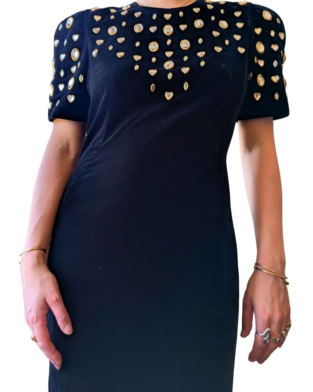 Lillie Rubin 1980s Black Velvet Cocktail Dress with Crystal Embellishments
