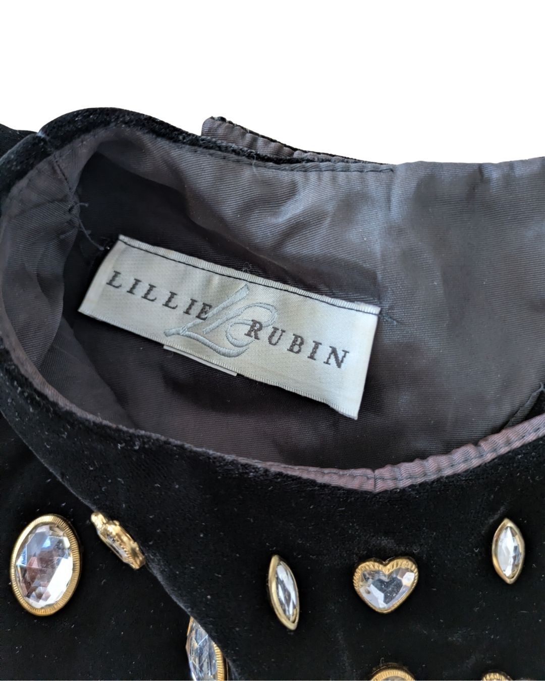 Lillie Rubin 1980s Black Velvet Cocktail Dress with Crystal Embellishments
