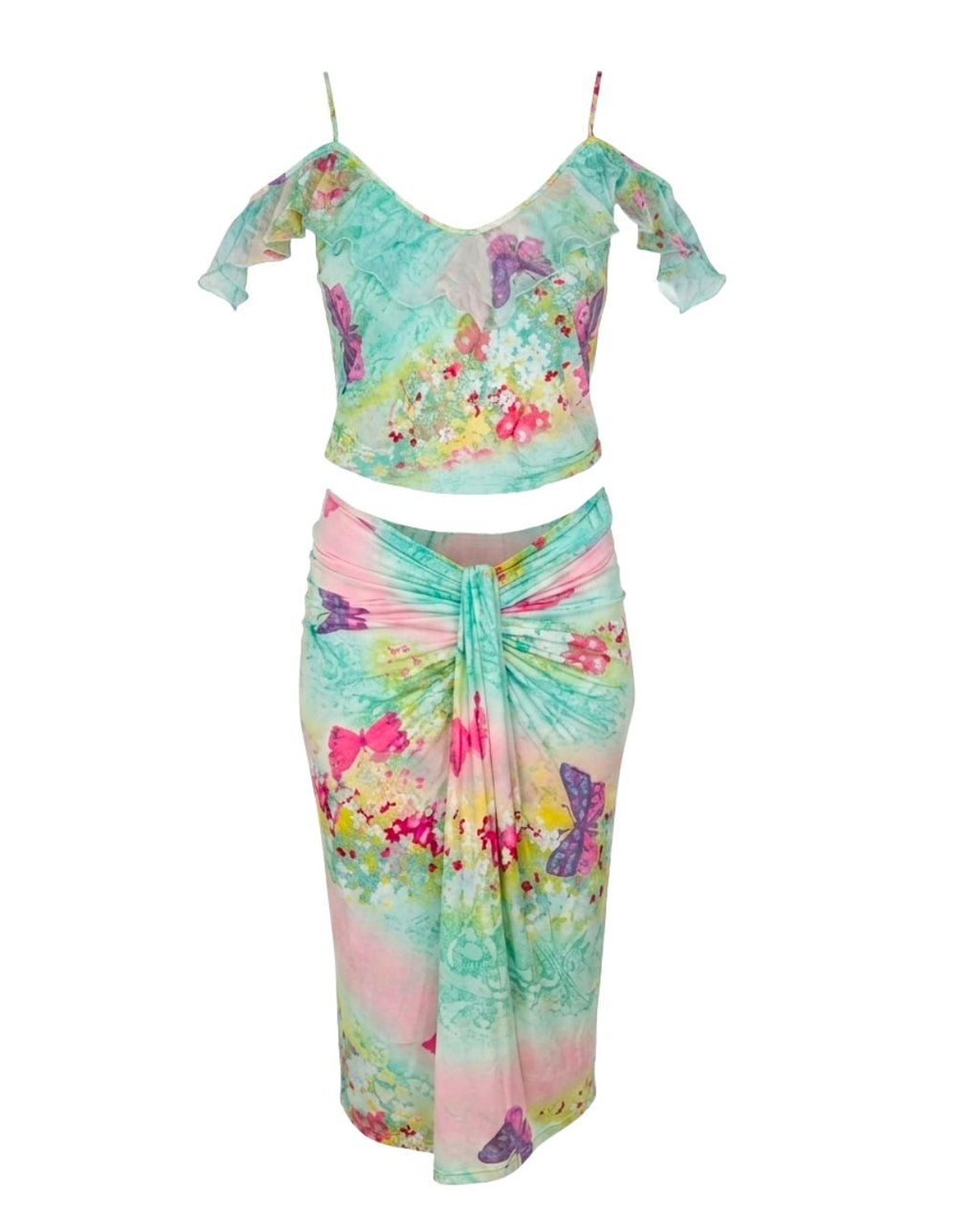 Emanuel Ungaro Circa Spring/Summer 2000 Butterfly Print Mesh Top & Draped Skirt Set