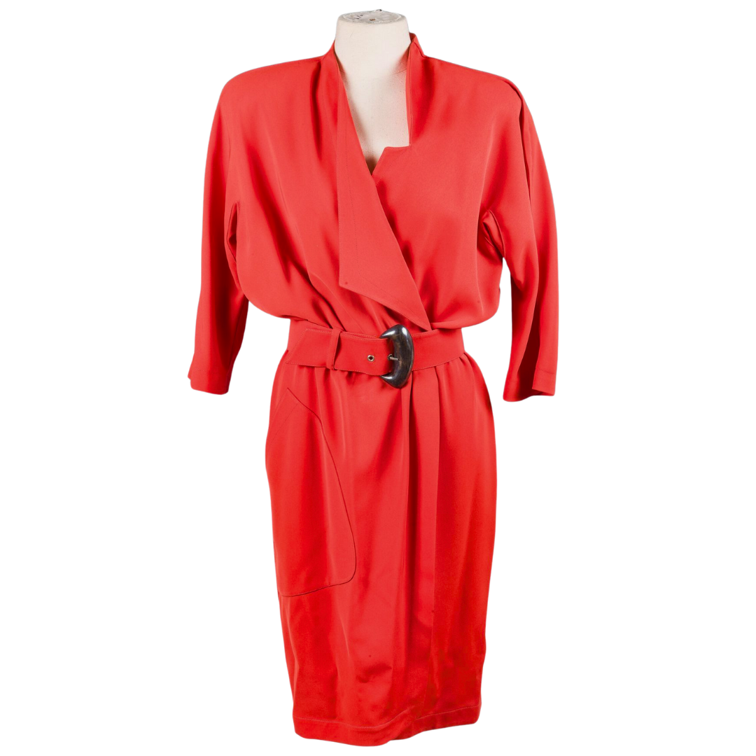 Thierry Mugler 1980s Red Sculptural Wrap Dress with Original Belt — Made in France