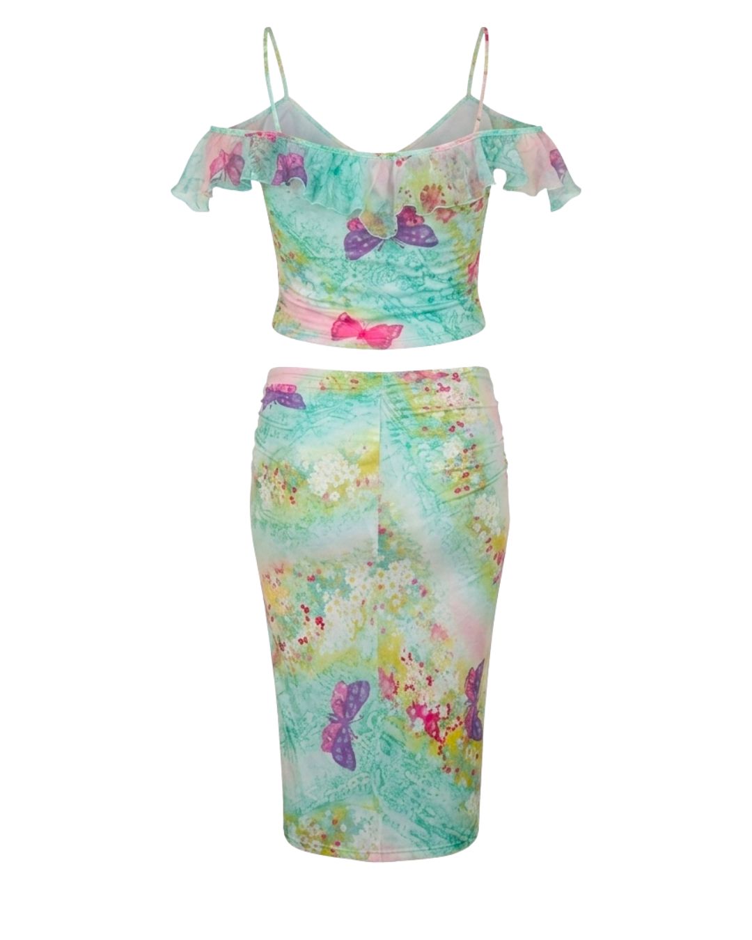 Emanuel Ungaro Circa Spring/Summer 2000 Butterfly Print Mesh Top & Draped Skirt Set