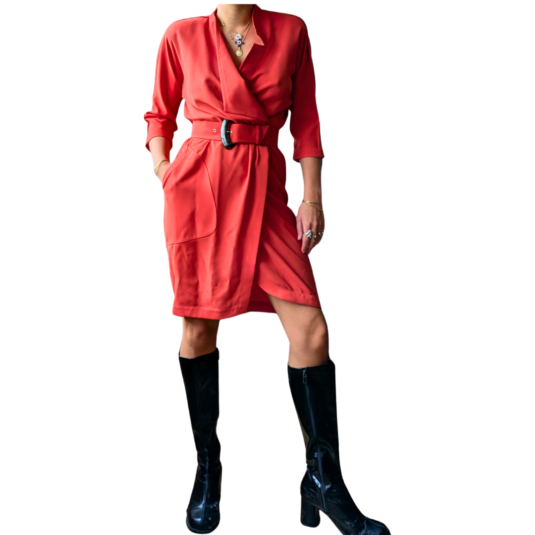 Thierry Mugler 1980s Red Sculptural Wrap Dress with Original Belt — Made in France