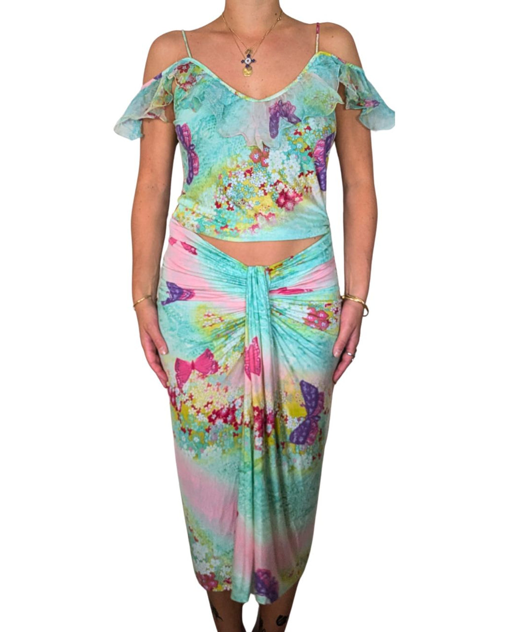 Emanuel Ungaro Circa Spring/Summer 2000 Butterfly Print Mesh Top & Draped Skirt Set