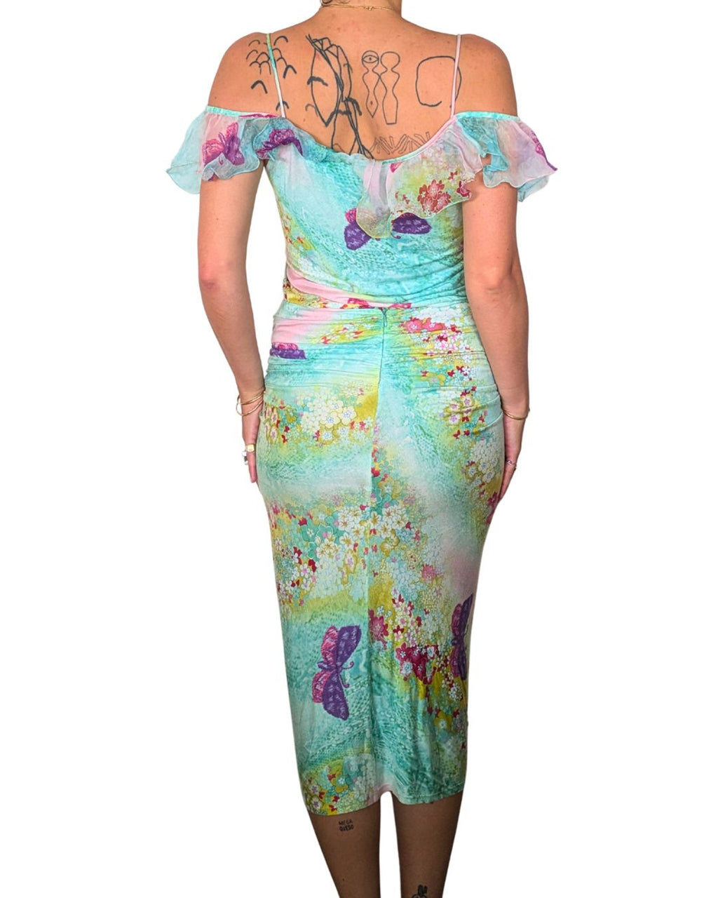 Emanuel Ungaro Circa Spring/Summer 2000 Butterfly Print Mesh Top & Draped Skirt Set