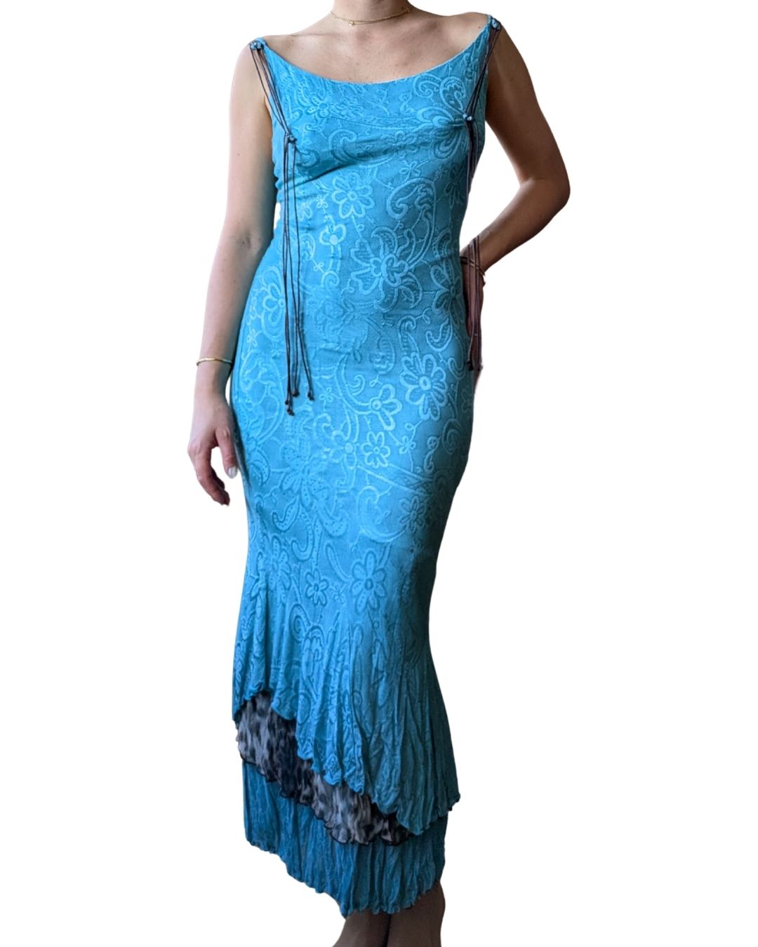 Class Roberto Cavalli 2003 Turquoise Backless Dress — Leopard Lining & Lace