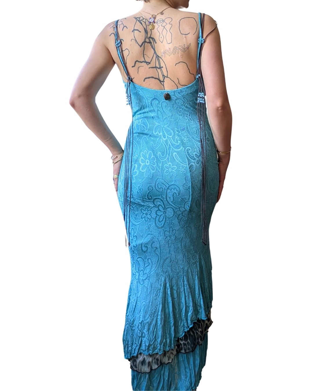 Class Roberto Cavalli 2003 Turquoise Backless Dress — Leopard Lining & Lace