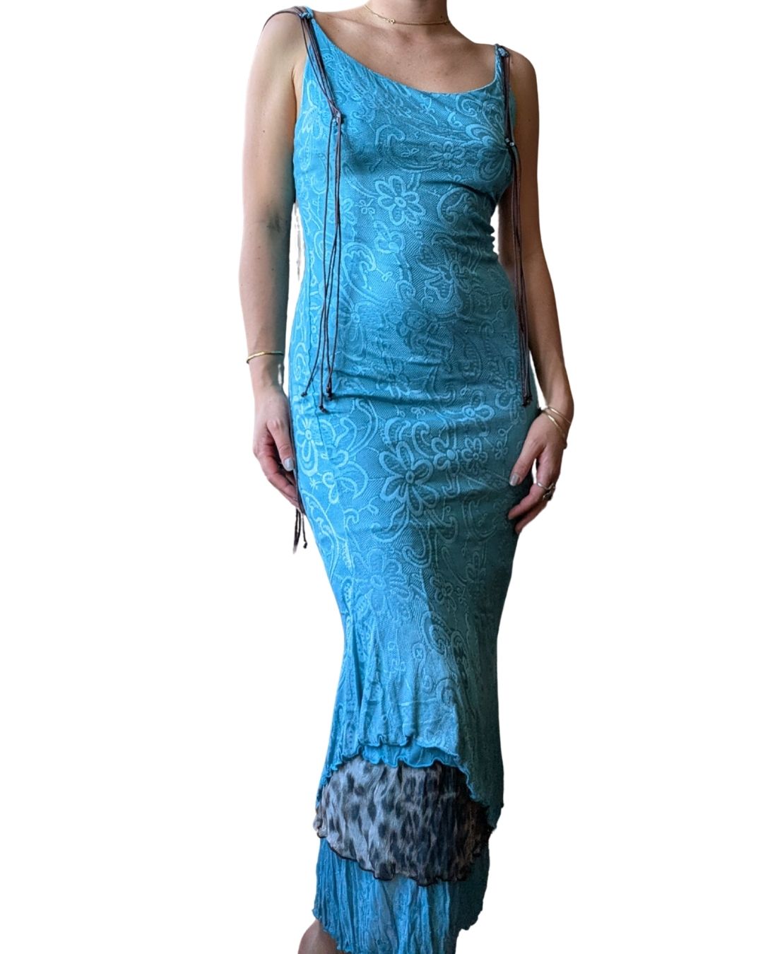 Class Roberto Cavalli 2003 Turquoise Backless Dress — Leopard Lining & Lace