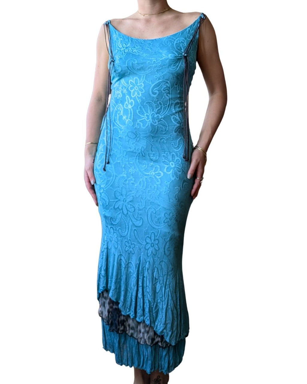 Class Roberto Cavalli 2003 Turquoise Backless Dress — Leopard Lining & Lace