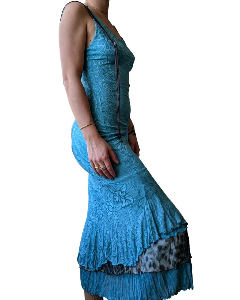 Class Roberto Cavalli 2003 Turquoise Backless Dress — Leopard Lining & Lace