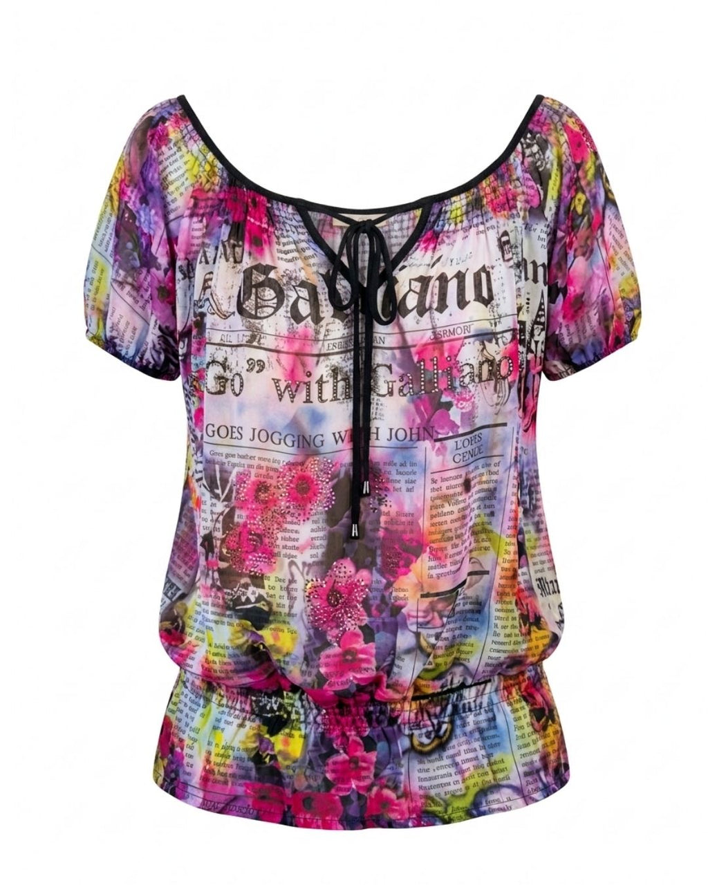 John Galliano Early 2000s Gazette Newspaper Print Rhinestone Blouse