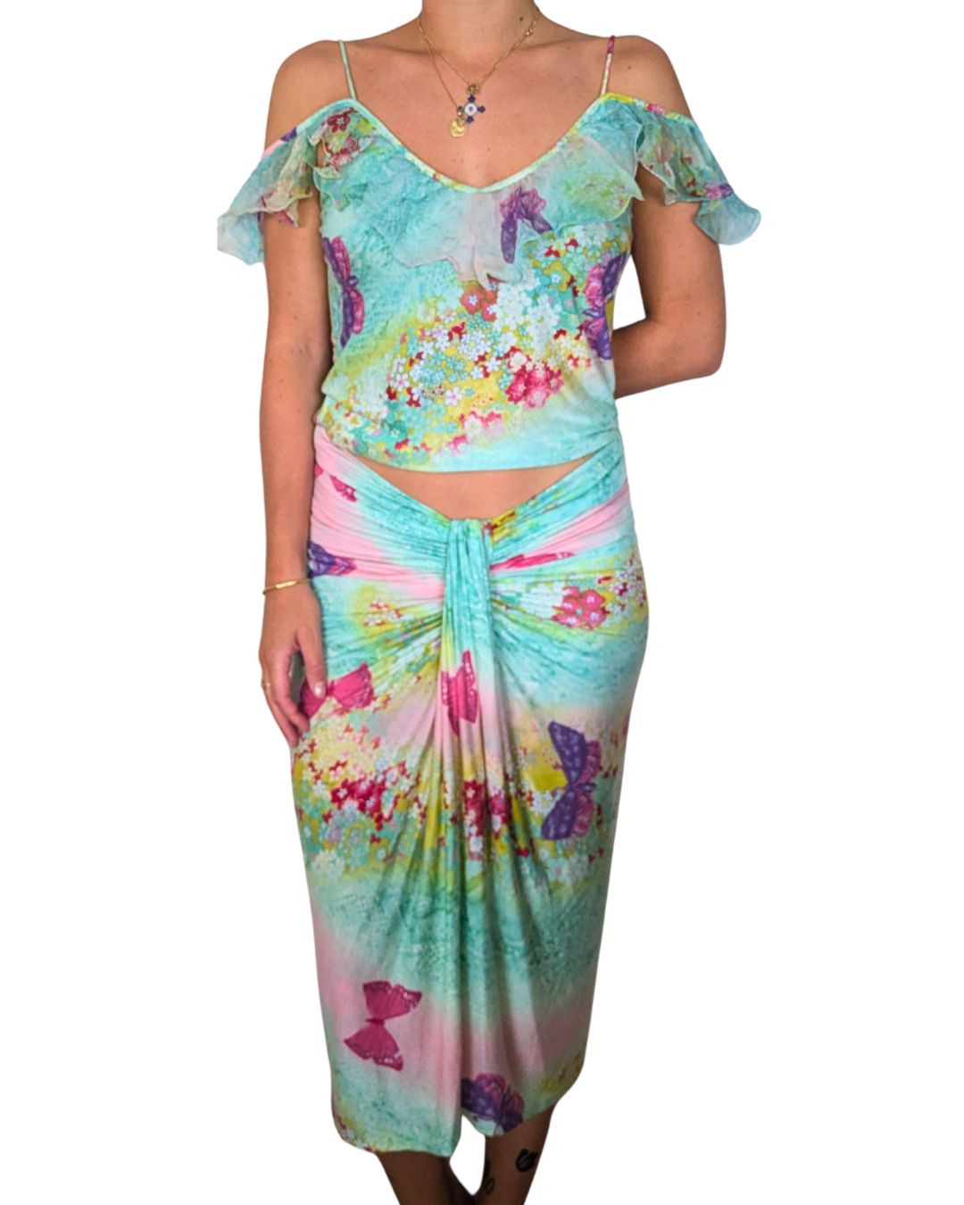 Emanuel Ungaro Circa Spring/Summer 2000 Butterfly Print Mesh Top & Draped Skirt Set