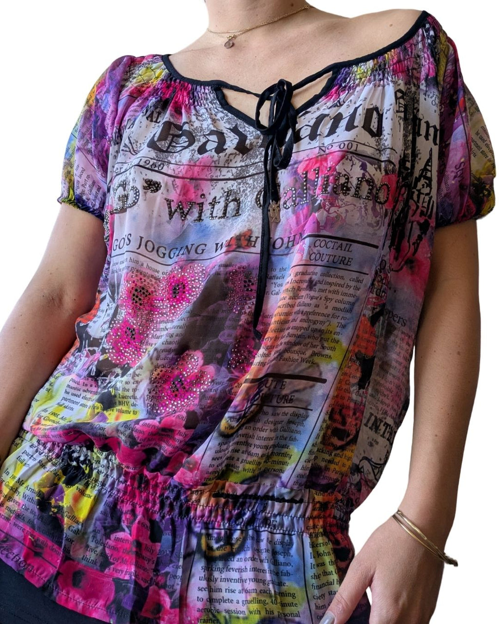 John Galliano Early 2000s Gazette Newspaper Print Rhinestone Blouse