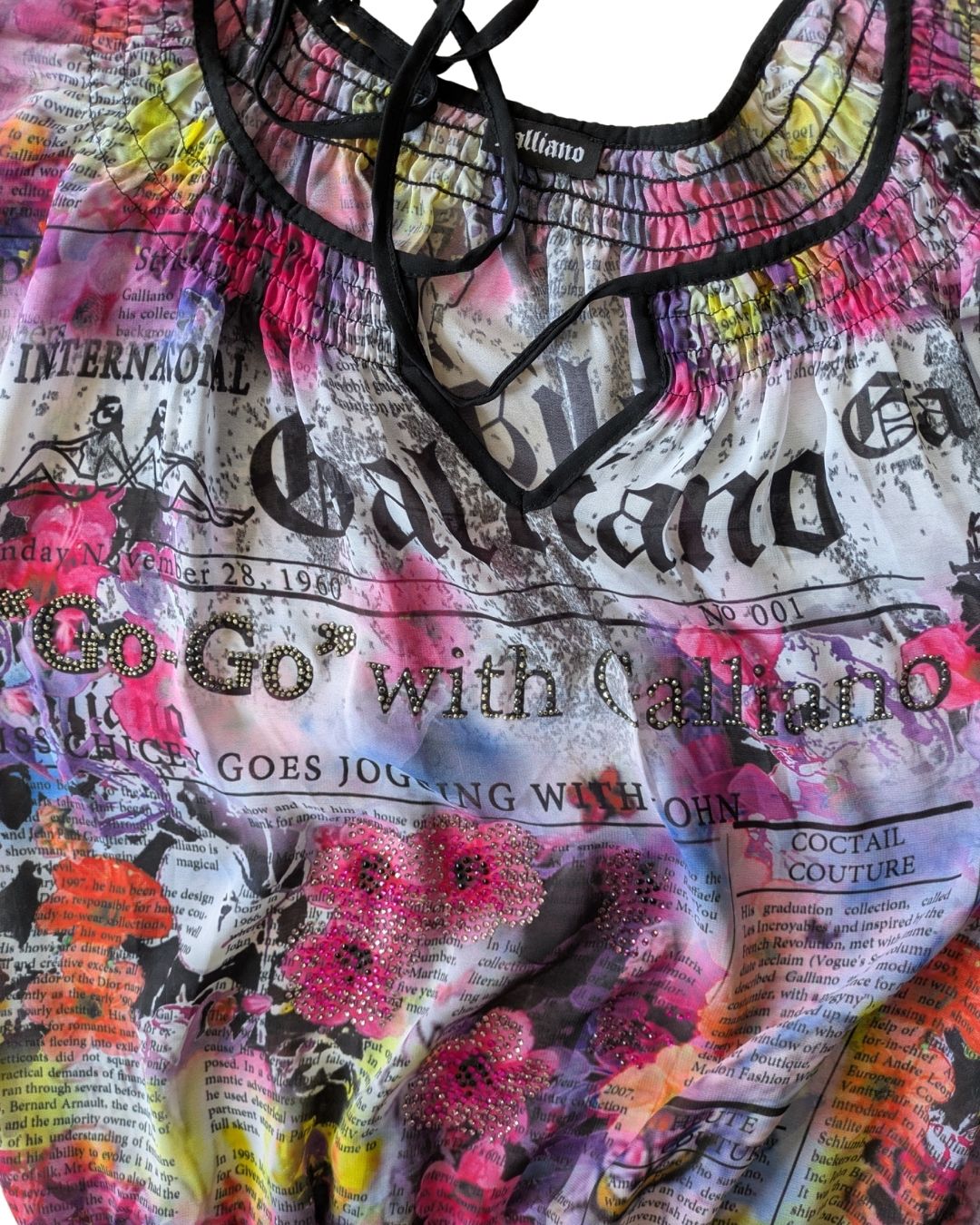 John Galliano Early 2000s Gazette Newspaper Print Rhinestone Blouse