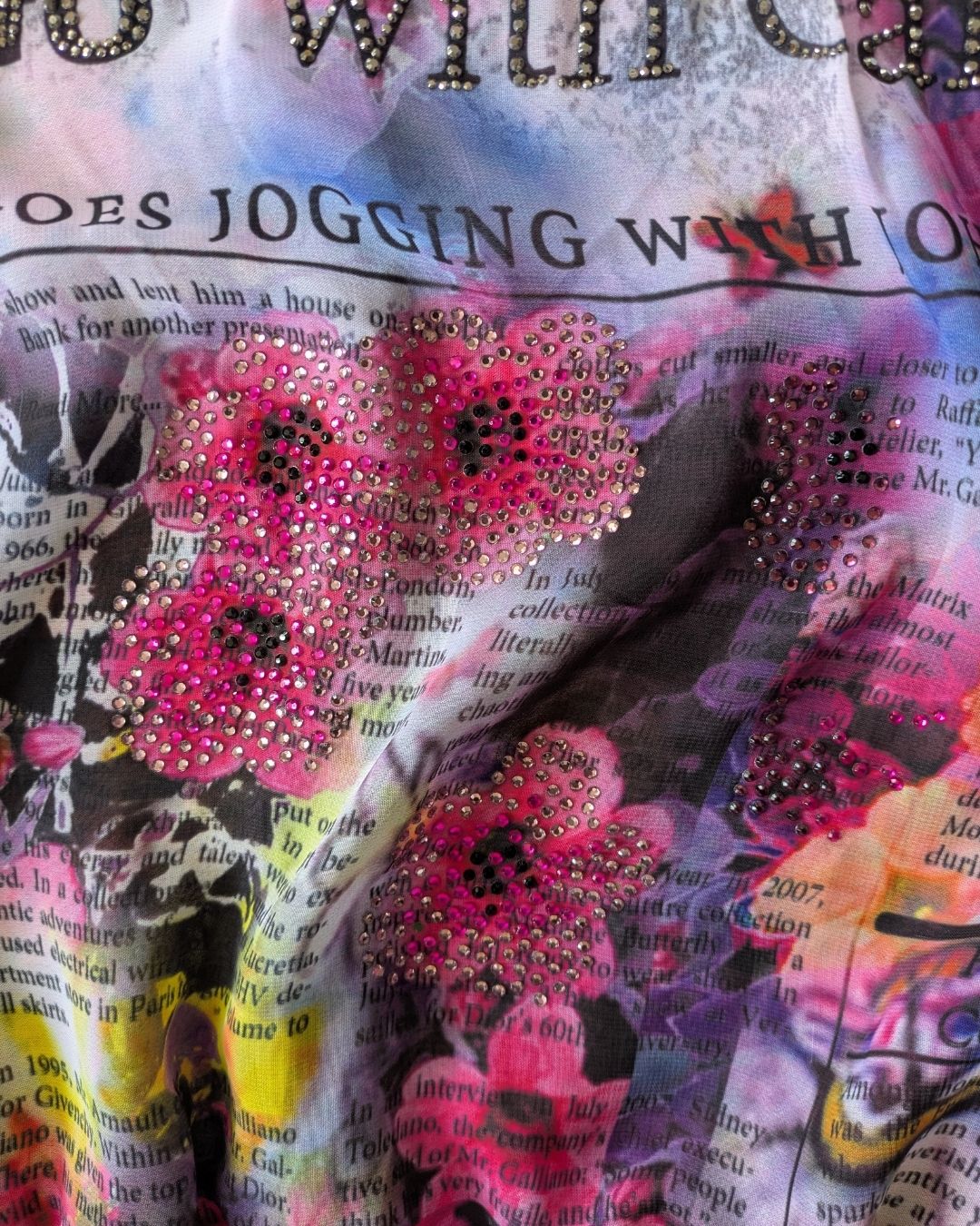 John Galliano Early 2000s Gazette Newspaper Print Rhinestone Blouse