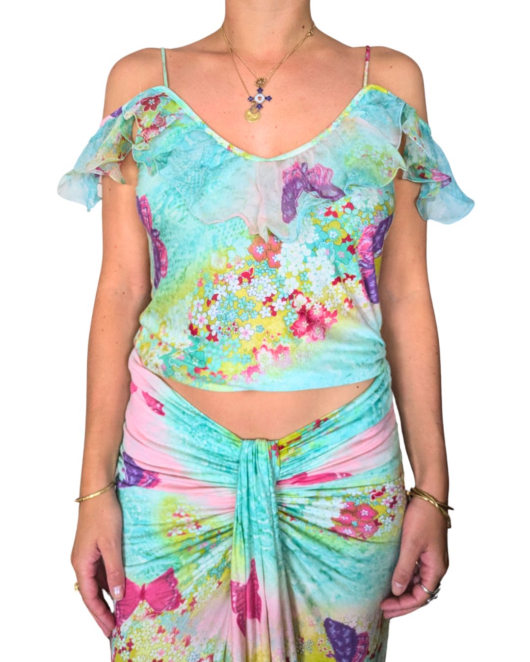 Emanuel Ungaro Circa Spring/Summer 2000 Butterfly Print Mesh Top & Draped Skirt Set