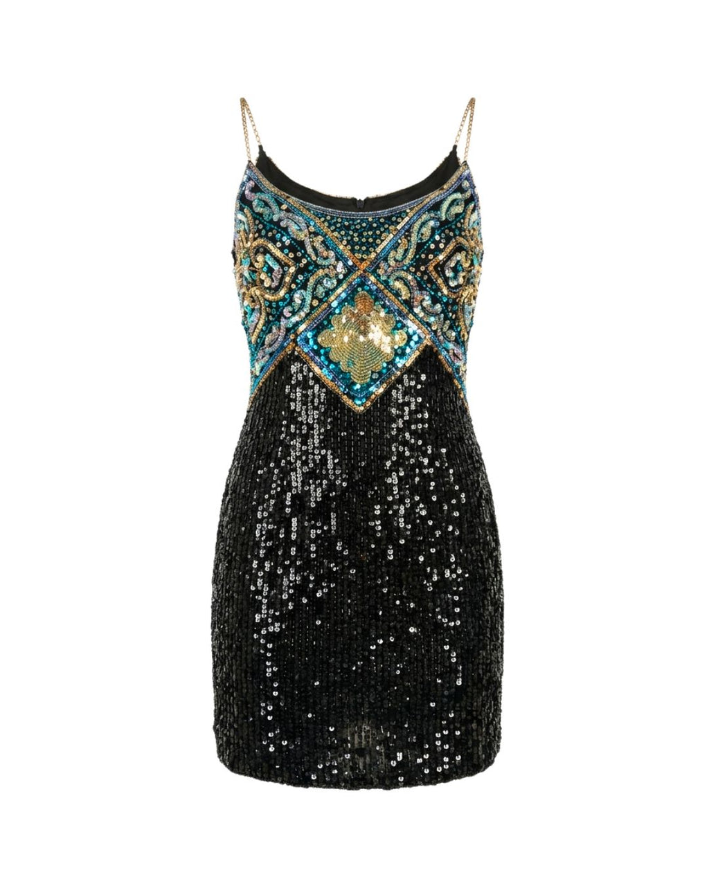 Oleg Cassini BlackTie 1990s Sequin Mini Dress — Silk & Turquoise Embellishments