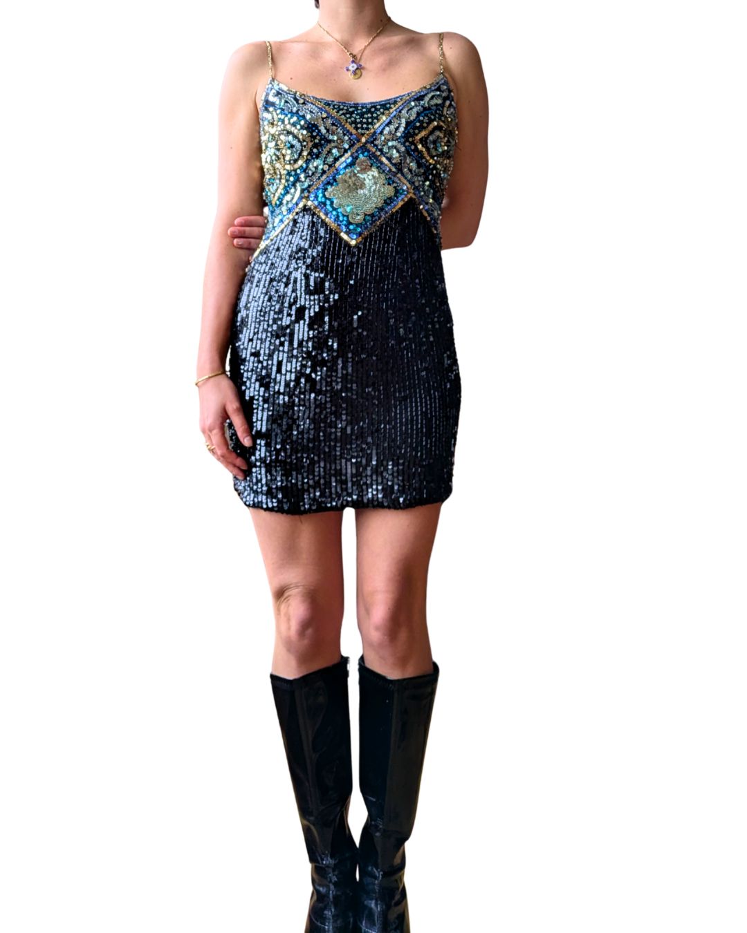 Oleg Cassini BlackTie 1990s Sequin Mini Dress — Silk & Turquoise Embellishments
