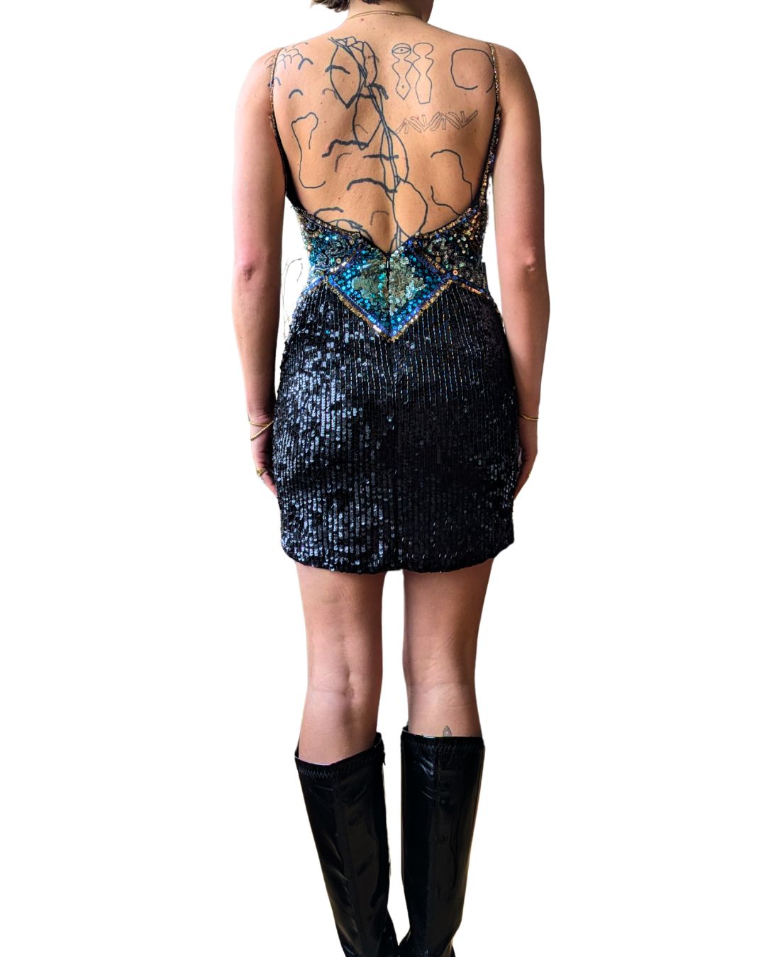 Oleg Cassini BlackTie 1990s Sequin Mini Dress — Silk & Turquoise Embellishments