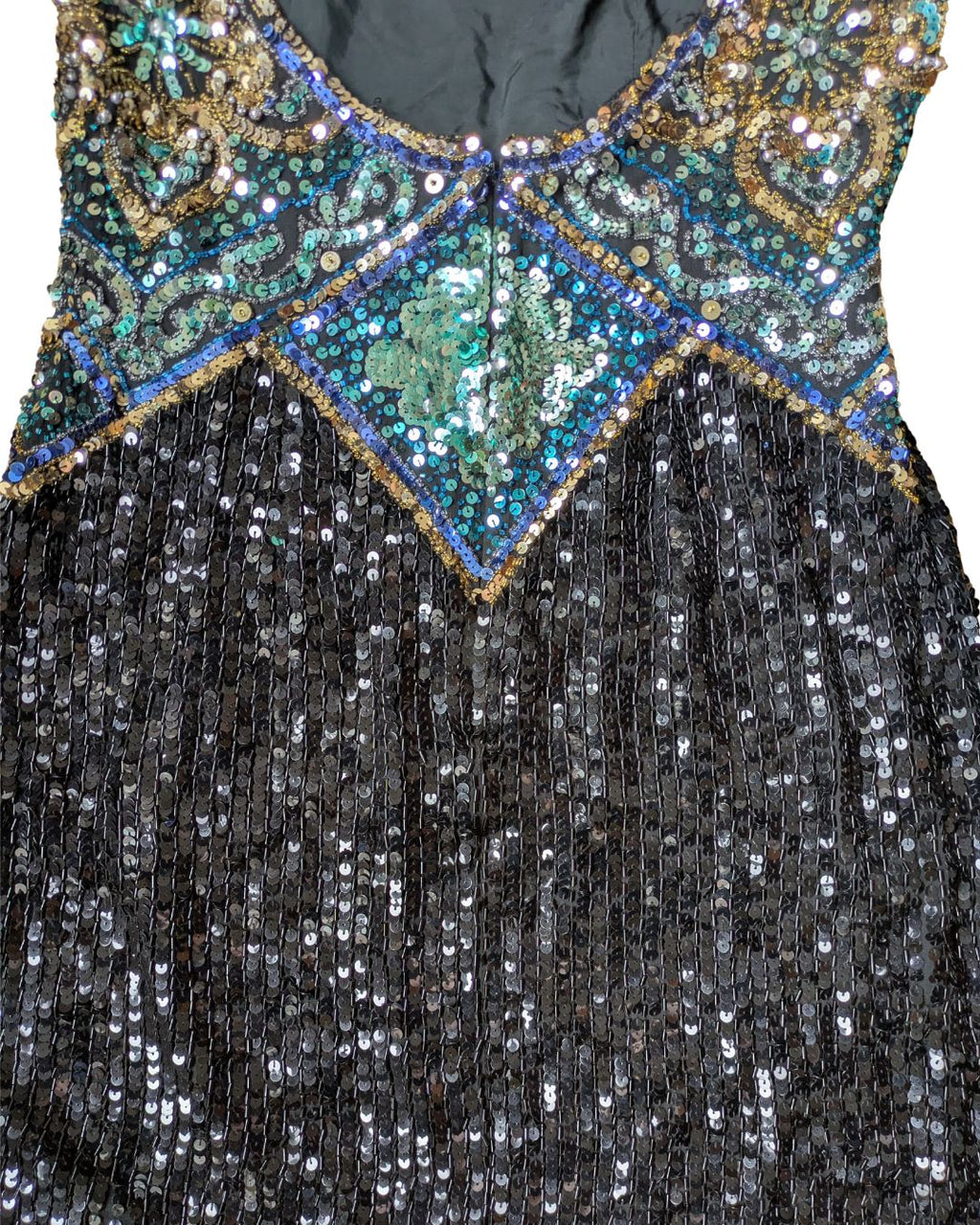 Oleg Cassini BlackTie 1990s Sequin Mini Dress — Silk & Turquoise Embellishments