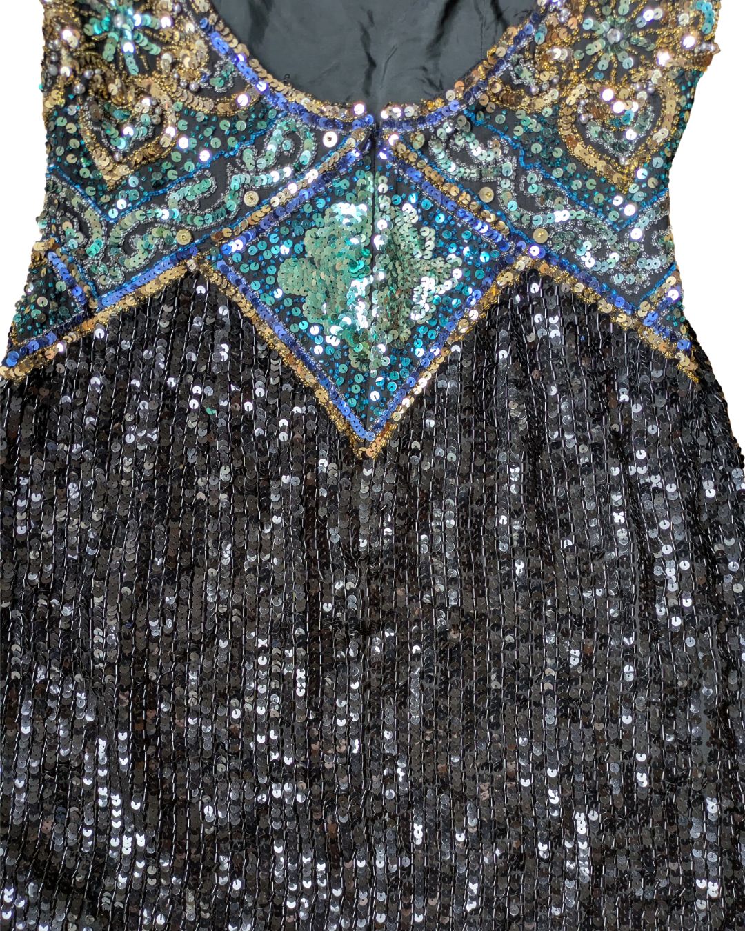 Oleg Cassini BlackTie 1990s Sequin Mini Dress — Silk & Turquoise Embellishments