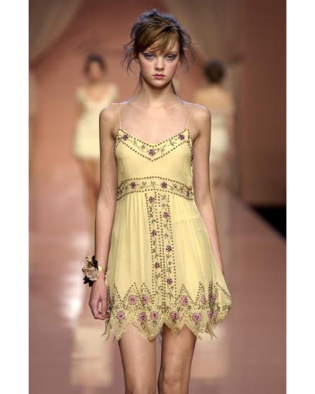 Blumarine Couture Spring/Summer 2004 Runway Butter Yellow Beaded Silk Dress & Slip