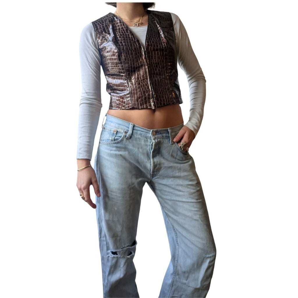 Claude Montana 1990s Croc-Embossed Vinyl Corset Vest — Bronze