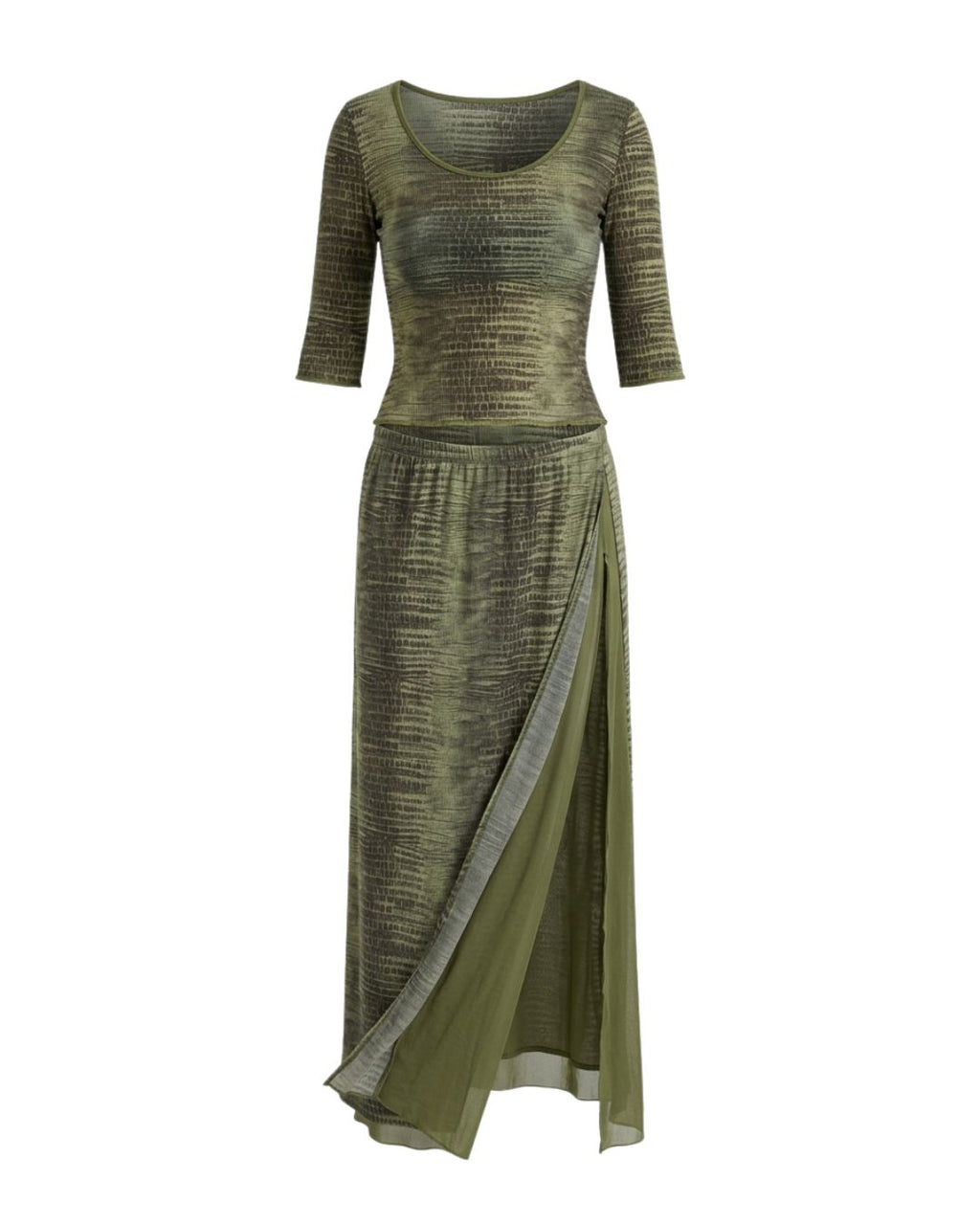 Class Roberto Cavalli S/S 2001 Green Crocodile Print Mesh Top & Wrap Skirt Set