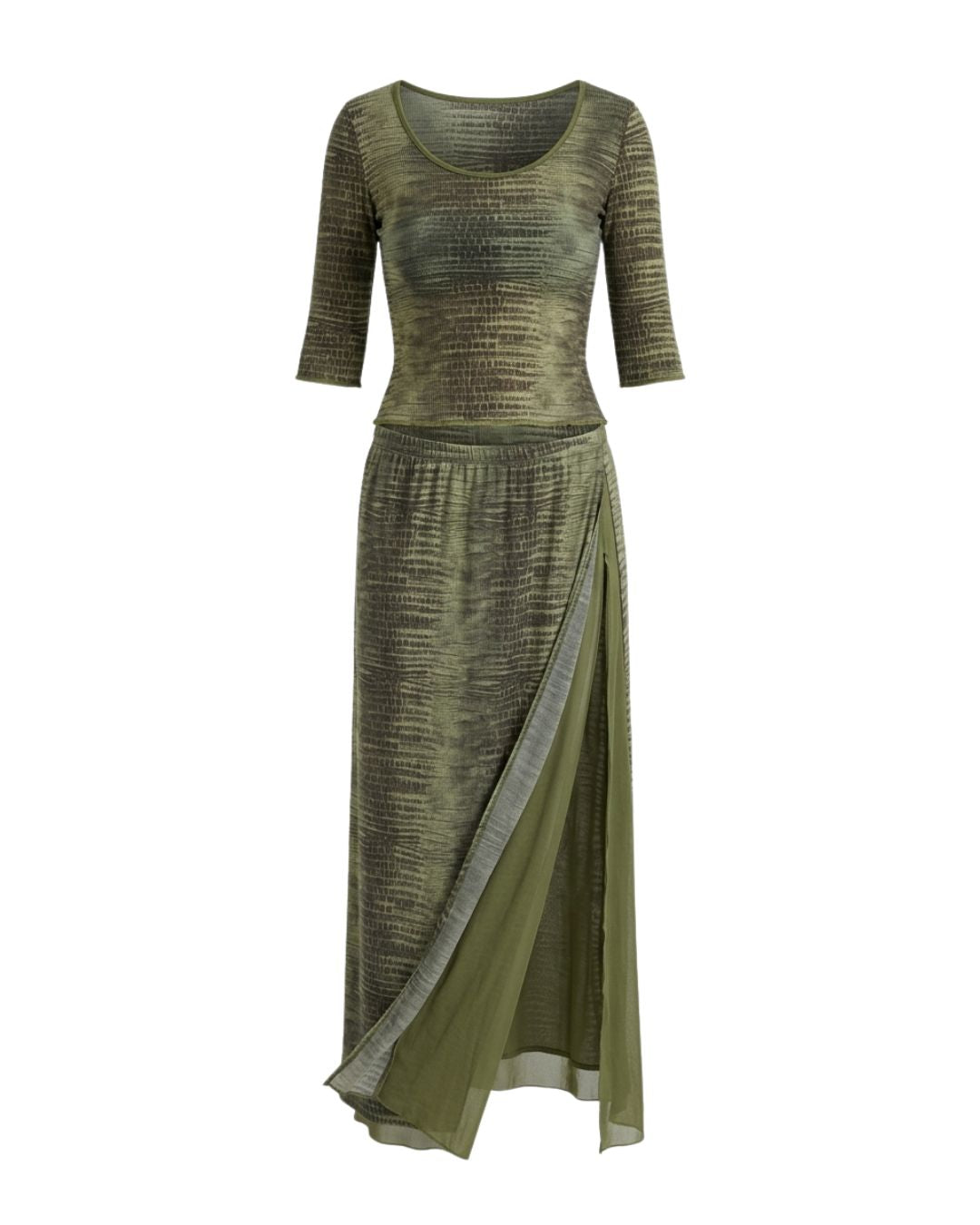 Class Roberto Cavalli S/S 2001 Green Crocodile Print Mesh Top & Wrap Skirt Set