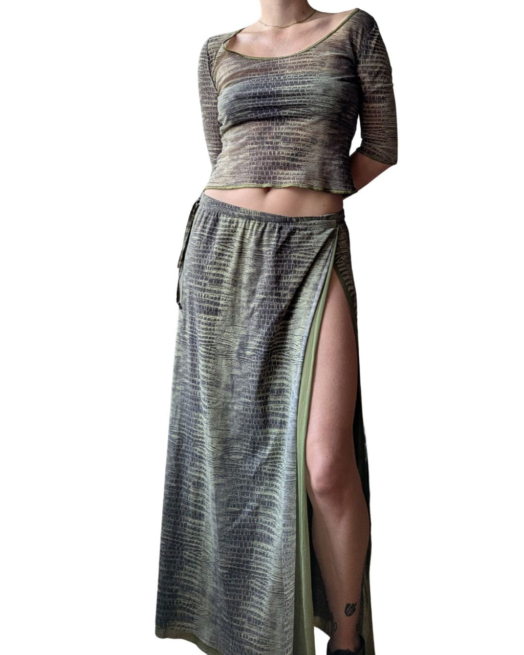 Class Roberto Cavalli S/S 2001 Green Crocodile Print Mesh Top & Wrap Skirt Set