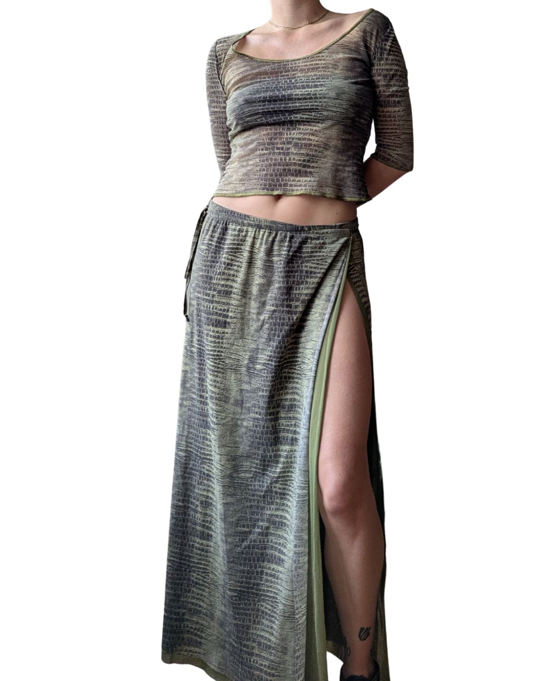 Class Roberto Cavalli S/S 2001 Green Crocodile Print Mesh Top & Wrap Skirt Set