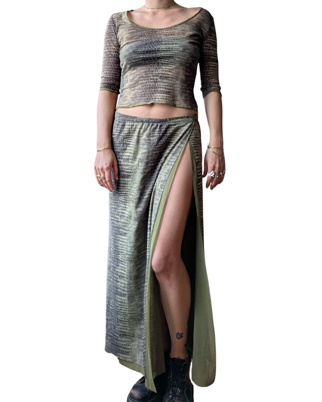 Class Roberto Cavalli S/S 2001 Green Crocodile Print Mesh Top & Wrap Skirt Set