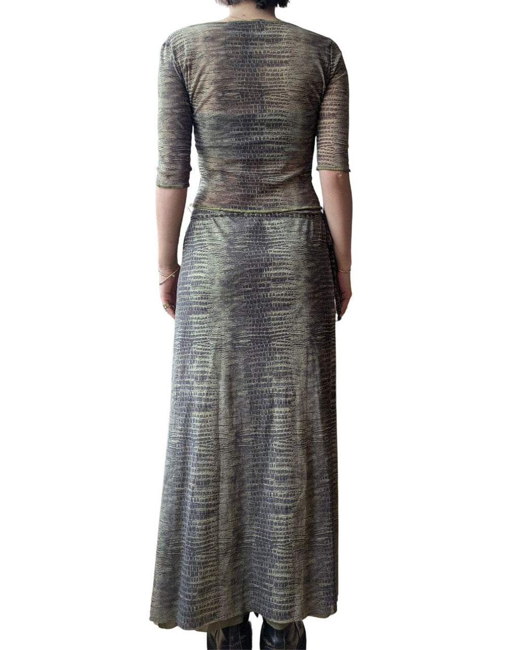Class Roberto Cavalli S/S 2001 Green Crocodile Print Mesh Top & Wrap Skirt Set