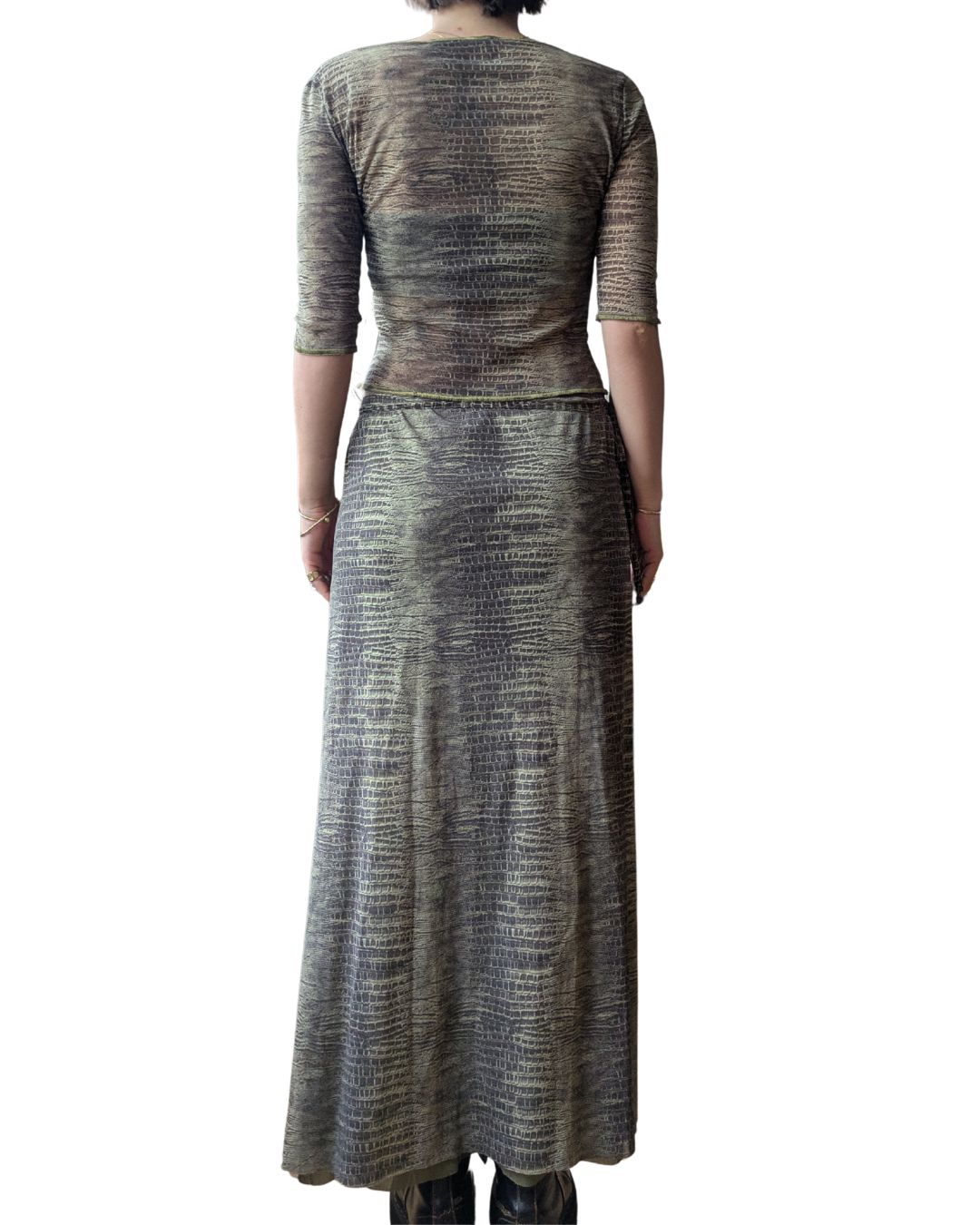 Class Roberto Cavalli S/S 2001 Green Crocodile Print Mesh Top & Wrap Skirt Set