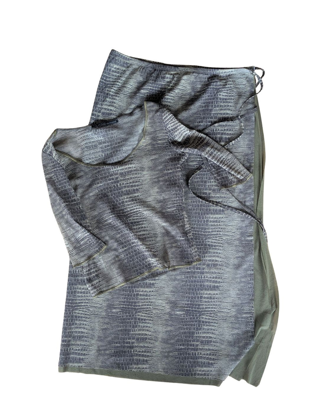 Class Roberto Cavalli S/S 2001 Green Crocodile Print Mesh Top & Wrap Skirt Set
