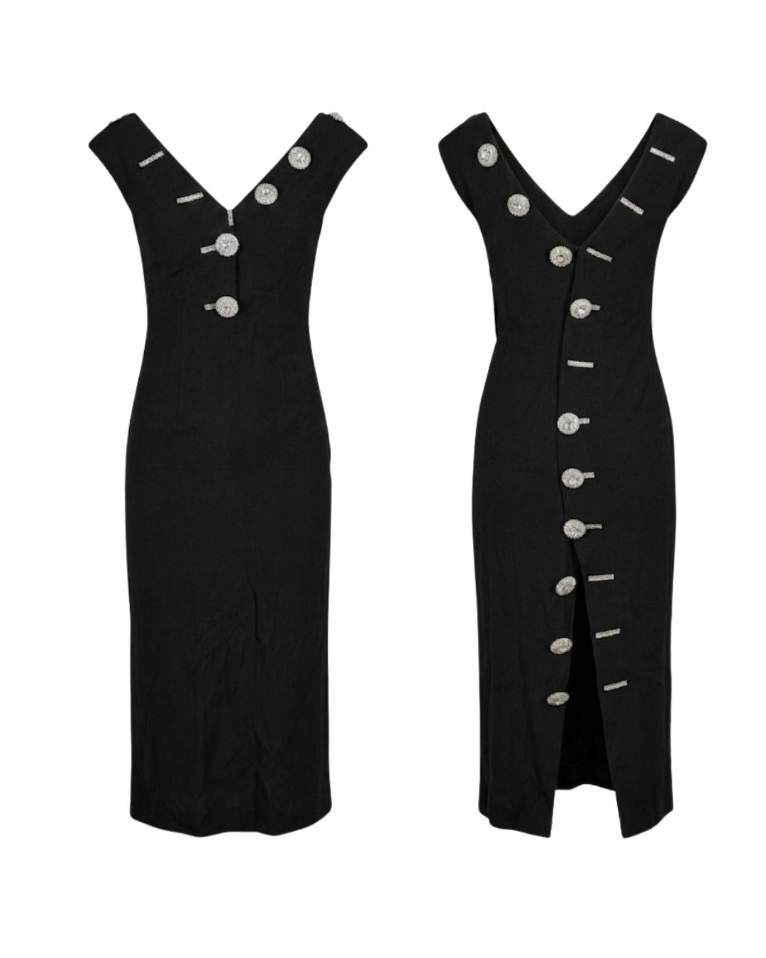 Gai Mattiolo Couture Late 1990s Black Crystal-Button Bodycon Midi Dress