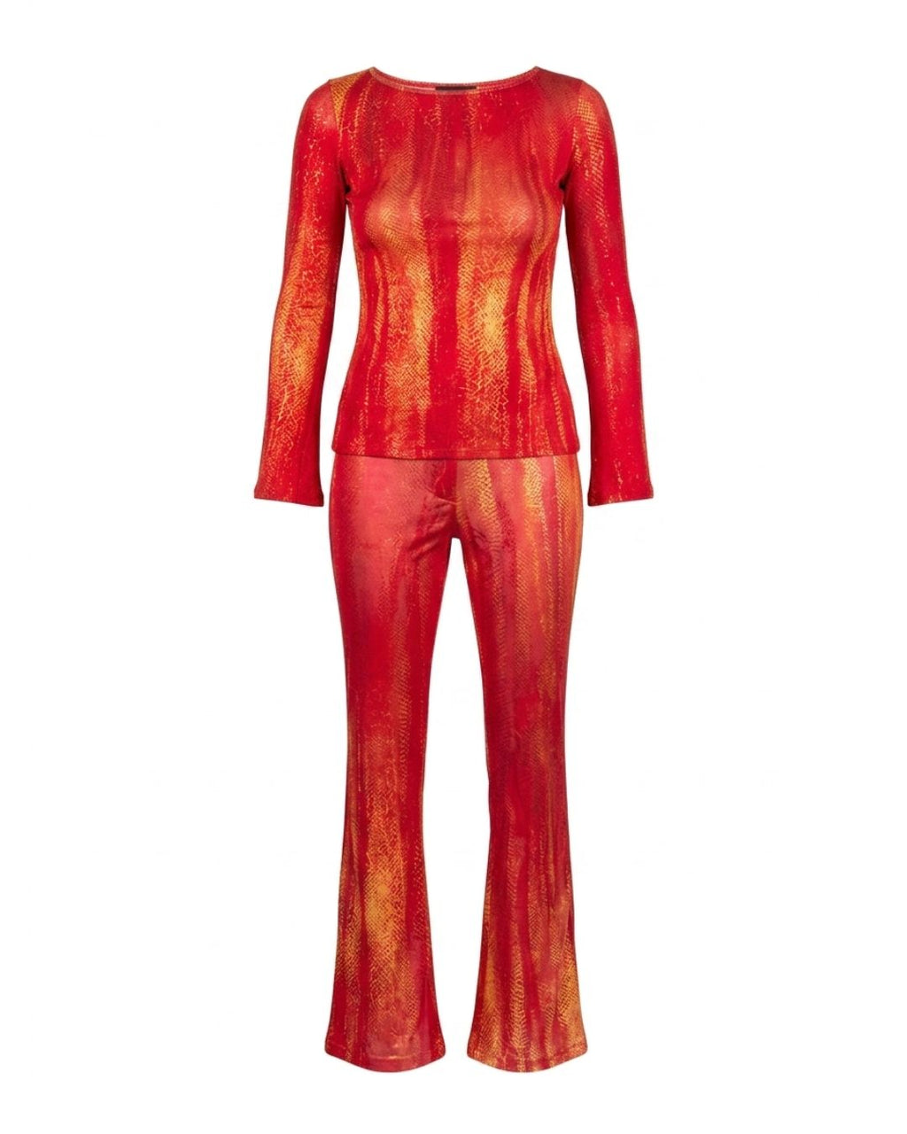 Roberto Cavalli Class Circa 2001 Fire Python Red & Orange Print Top & Trousers Set